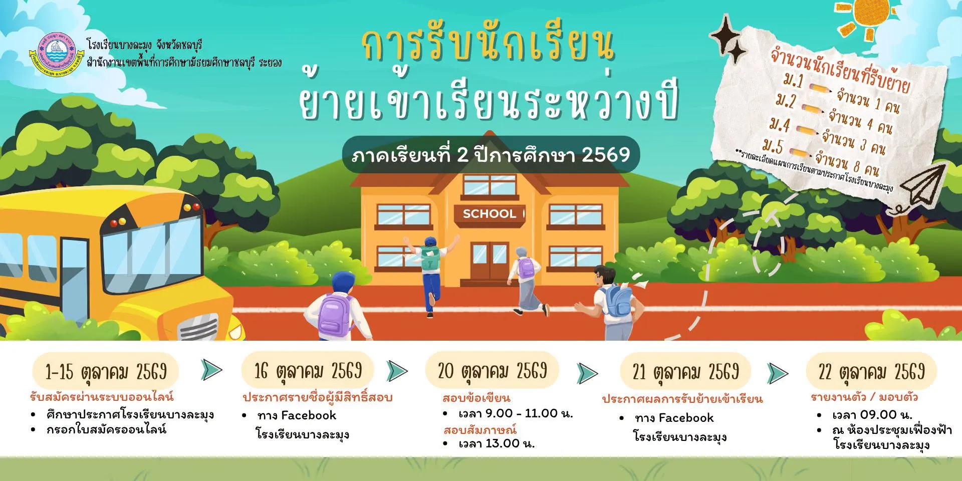 ประกาศโรงเรียนบางละมุง เรื่อง การรับนักเรียนย้ายเข้าระหว่างปี ภาคเรียนที่ 2 ปีการศึกษา 2569